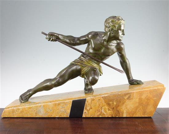A French Art Deco patinated metal model of a hunter, 28.5in.